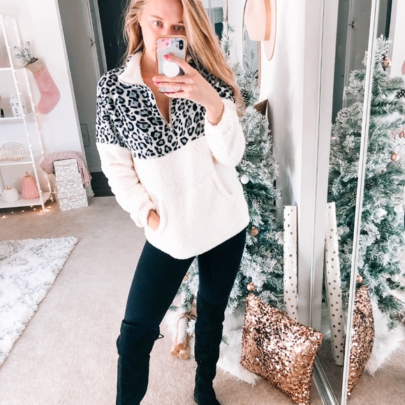 White Gray Sherpa Leopard Pullover - Picture 6 of 8